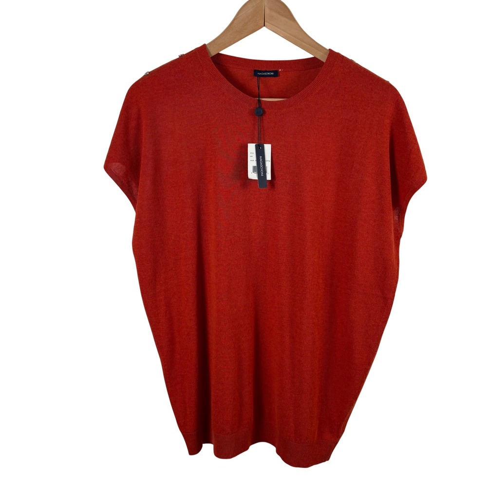 NWT Magaschoni Terracotta‎ Studded Shoulder Knit Top Cap Sleeve Sweater Womens M